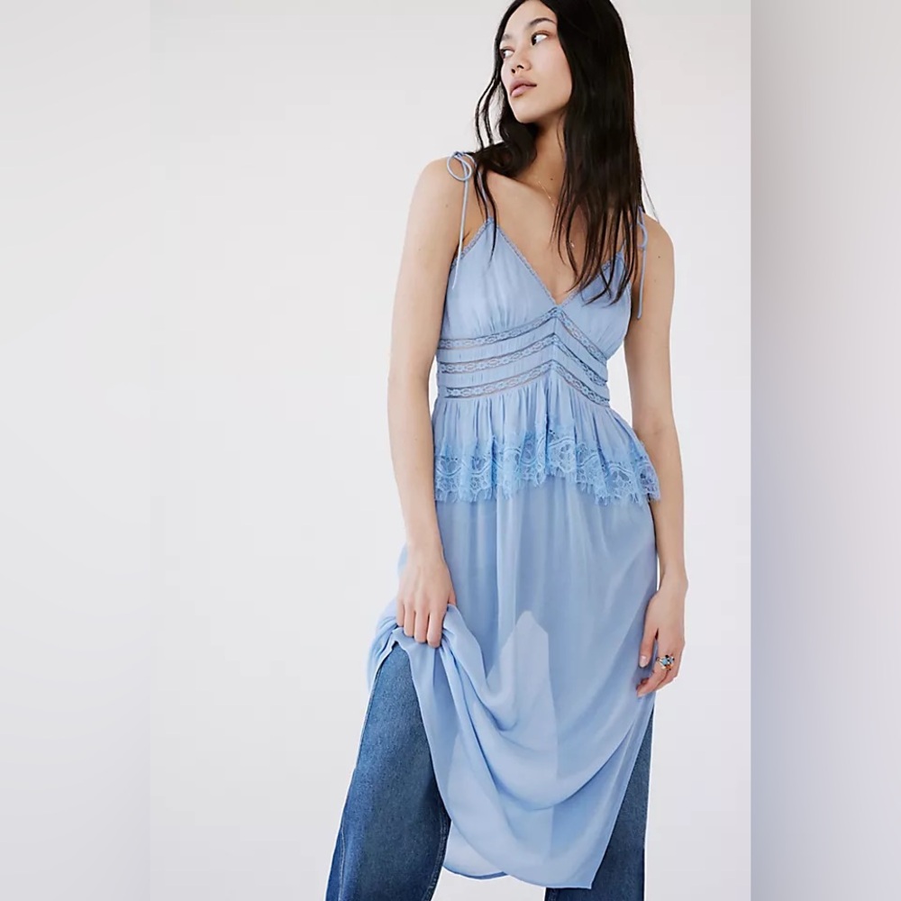Free People Baby Blue Romantic Sheer Lace Peplum Babydoll Kiki Midi Slip Dress